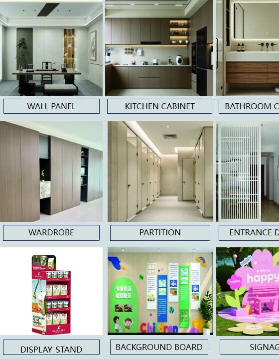 OWS001 PVC foam board applications grid - wall panel, kitchen cabinet, bathroom cabinet, wardrobe, partition, entrance, display stand, signage