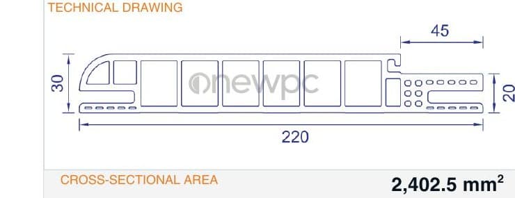 OWS220/30B-45 technical drawing - cross-sectional schematic with millimetre dimensions