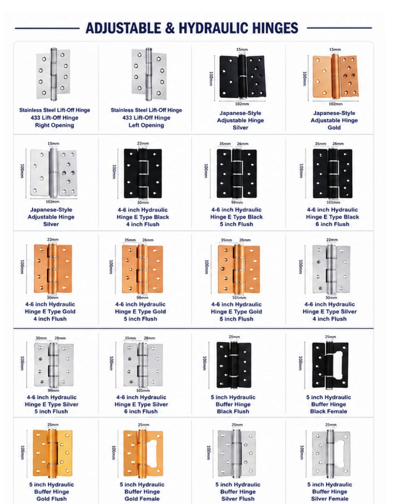 OneWPC Door Hinges — Adjustable & Hydraulic (20 models) — Door Hardware & Accessories