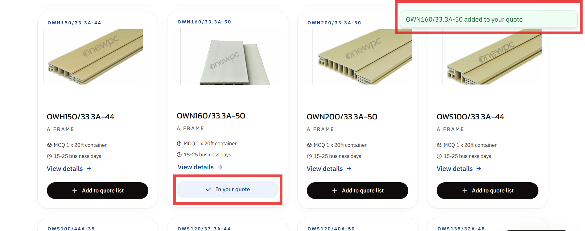 Selecting wholesale WPC door frames and adding components to the online bulk quote list