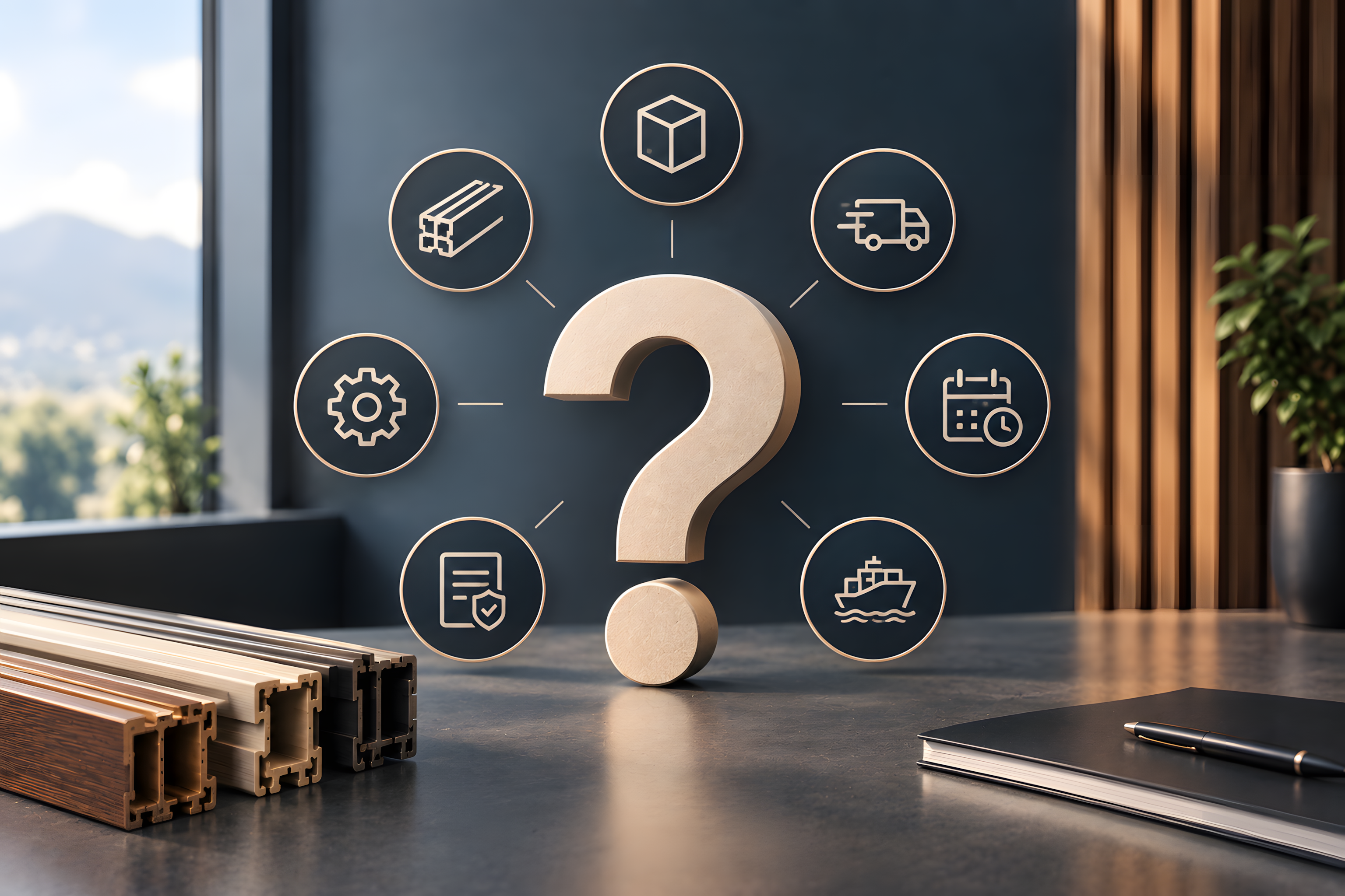 Question mark surrounded by icons for profiles, packing, shipping, lead time and quality, beside WPC door frame samples
